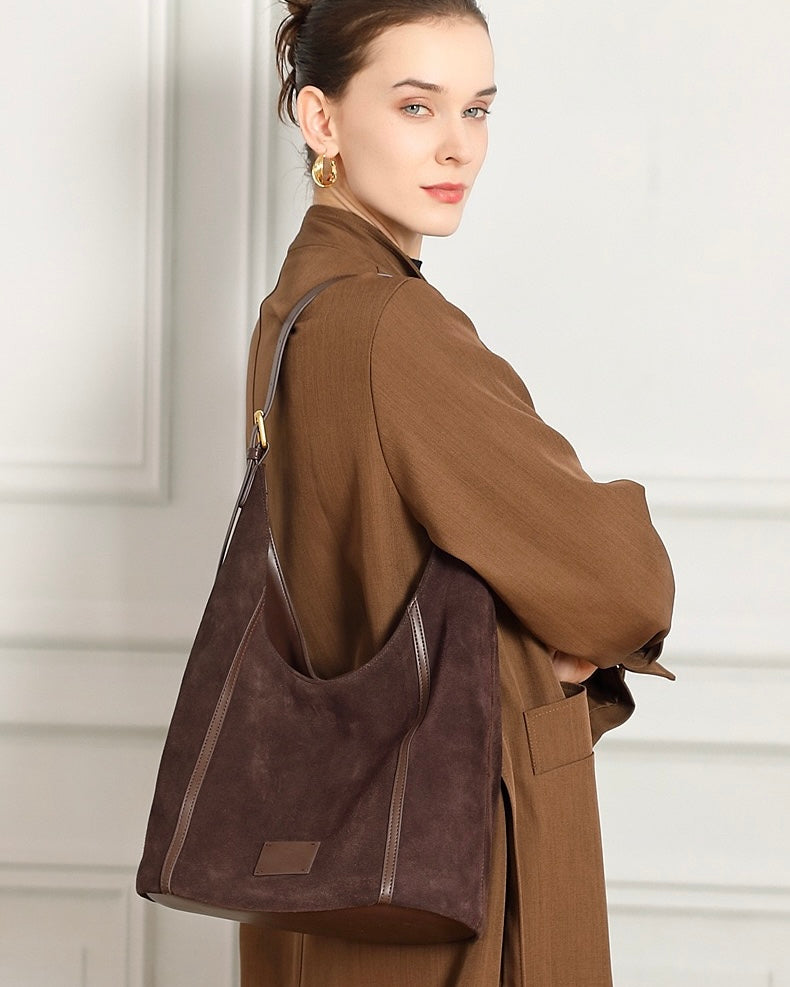Women's Genuine Leather Suede Patchwork Hobo Shoulder Bag