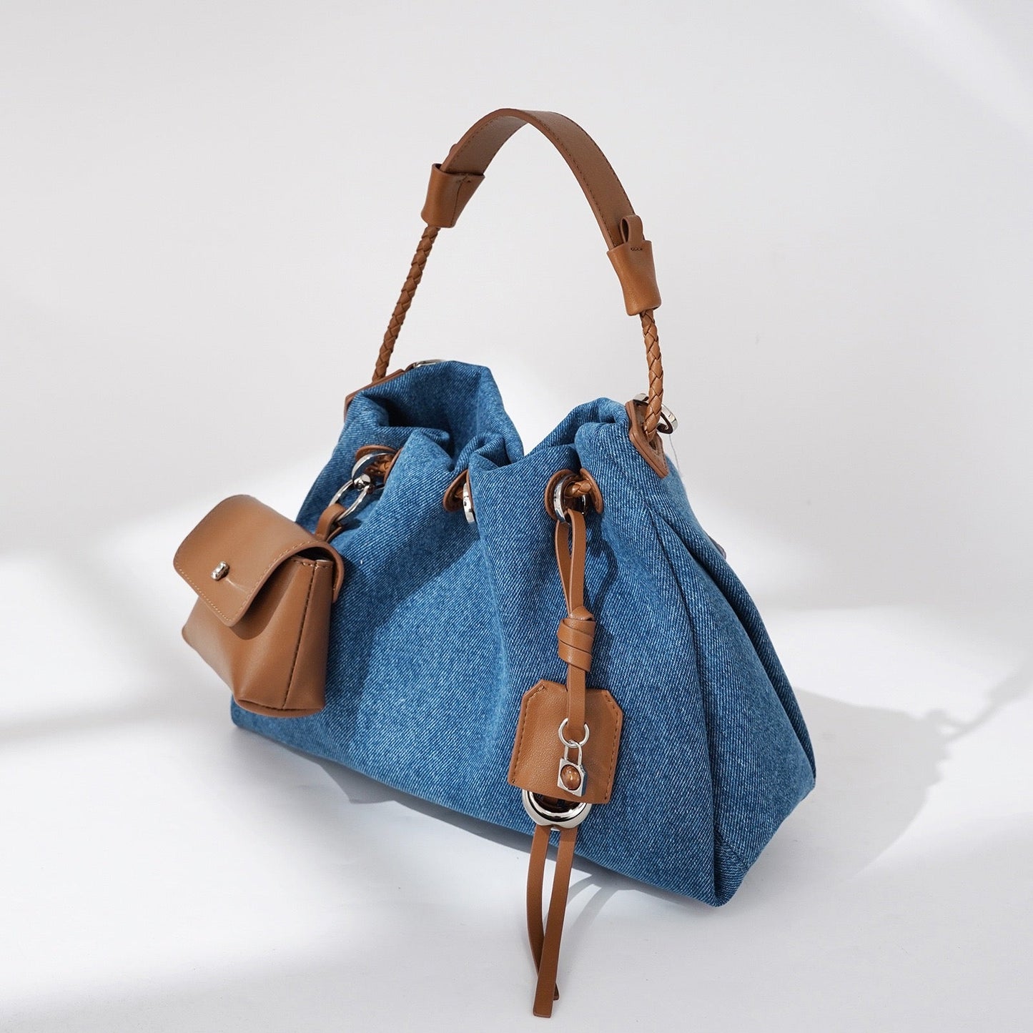 Women's Genuine Leather Denim Patchwork Hobo Shoulder Bag