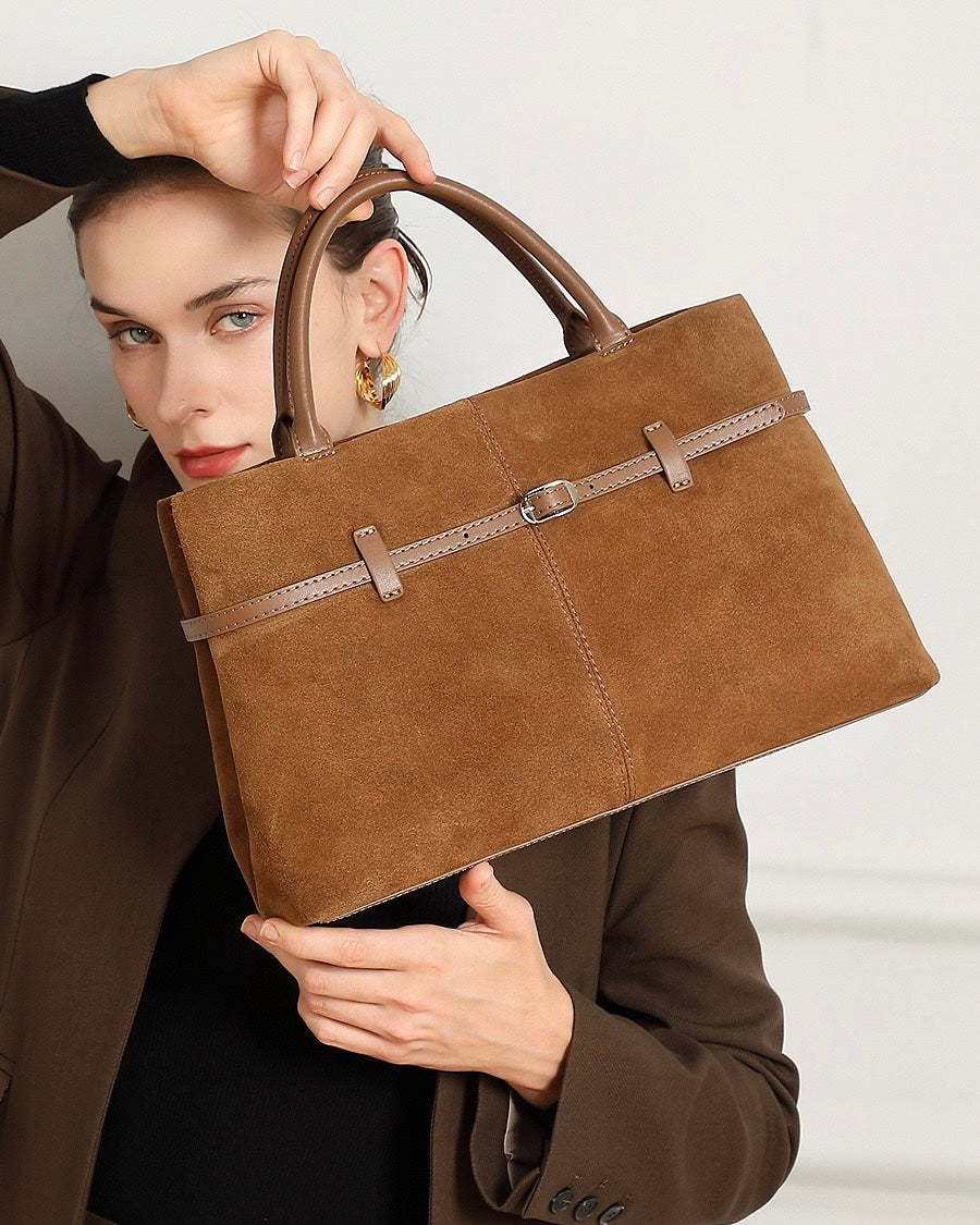 Women's Genuine Leather Suede Structured Lock Tote Bag