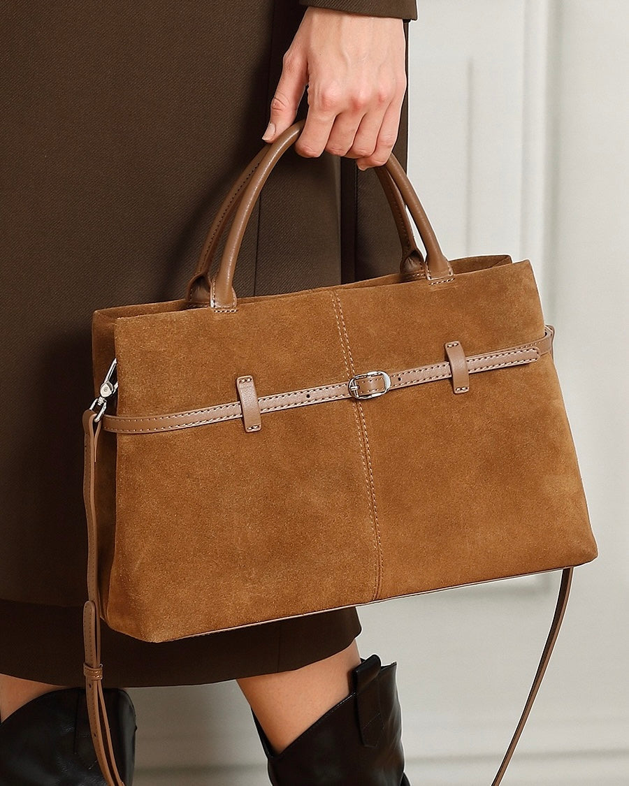 Women's Genuine Leather Suede Structured Lock Tote Bag