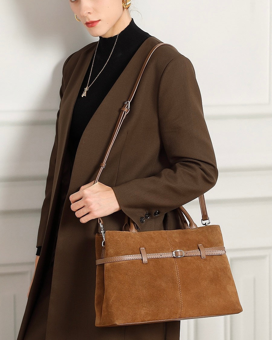 Women's Genuine Leather Suede Structured Lock Tote Bag