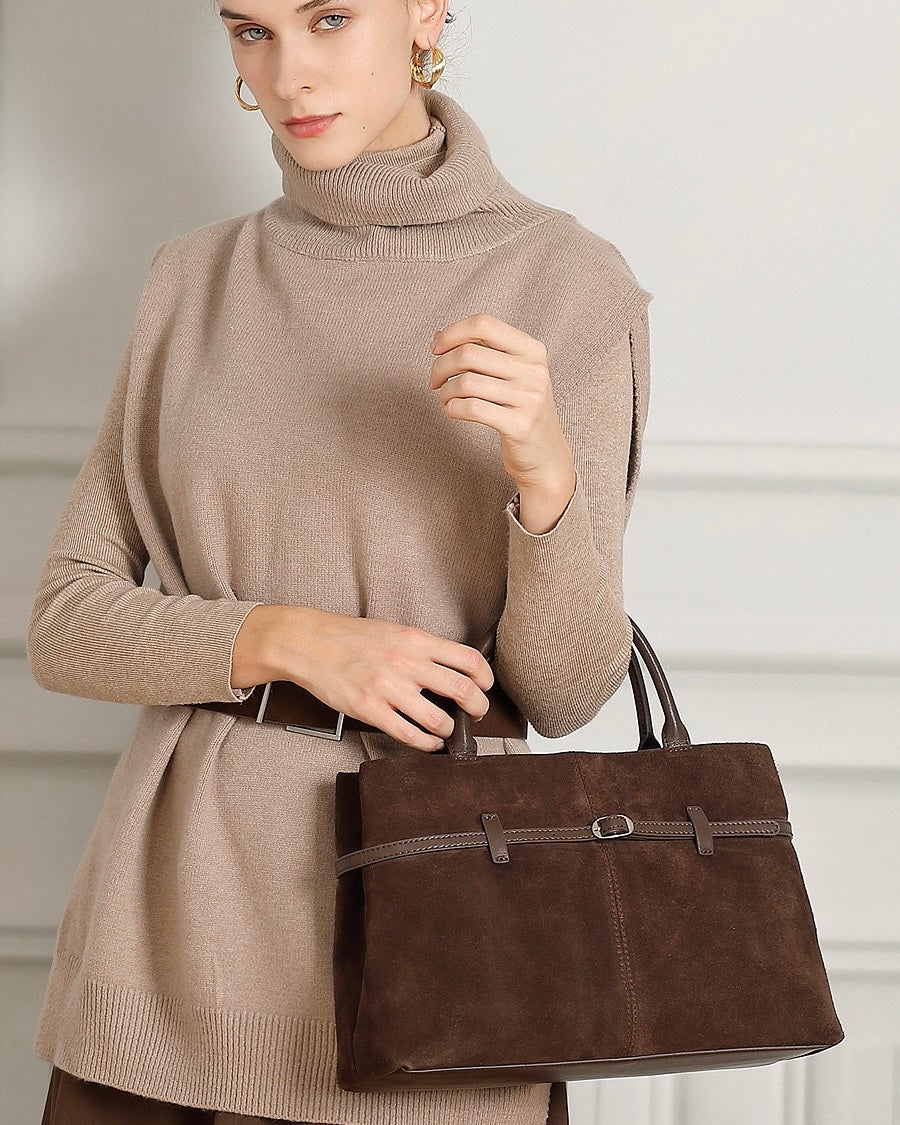 Women's Genuine Leather Suede Structured Lock Tote Bag