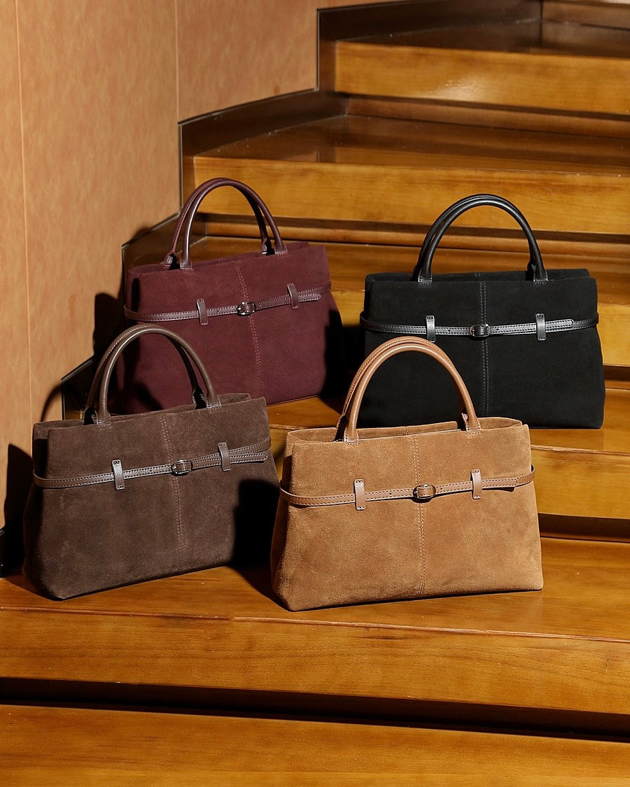 Women's Genuine Leather Suede Structured Lock Tote Bag