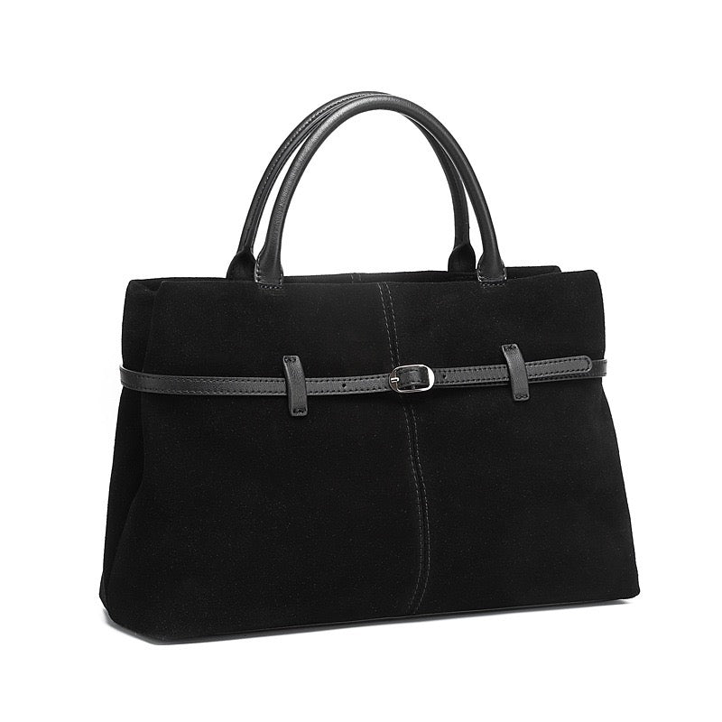 Women's Genuine Leather Suede Structured Lock Tote Bag