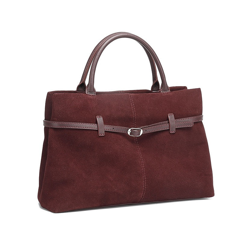 Women's Genuine Leather Suede Structured Lock Tote Bag