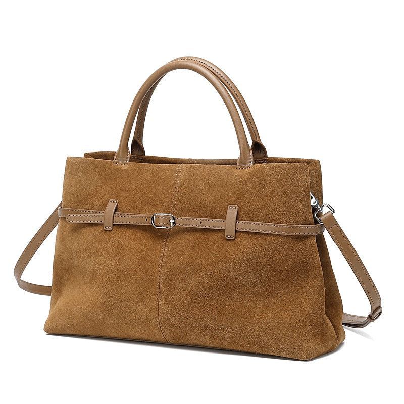 Women's Genuine Leather Suede Structured Lock Tote Bag