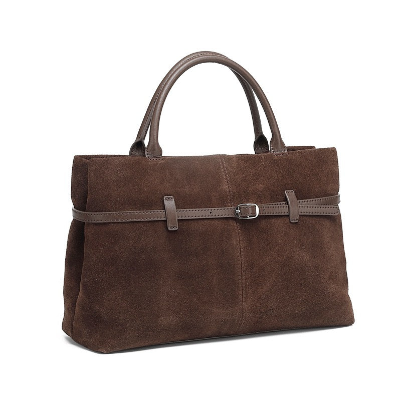 Women's Genuine Leather Suede Structured Lock Tote Bag