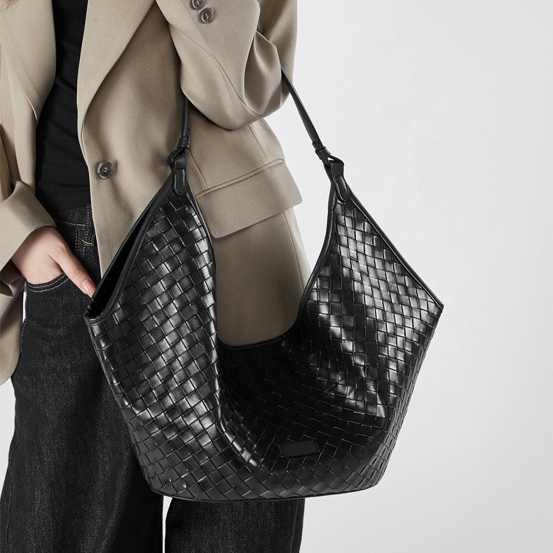 Women's Genuine Leather Woven Large Shoulder Tote Bag