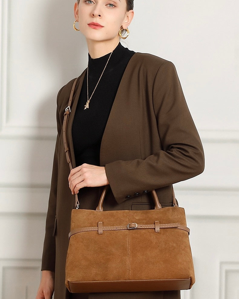 Women's Genuine Leather Suede Structured Lock Tote Bag