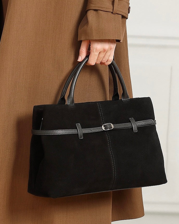 Women's Genuine Leather Suede Structured Lock Tote Bag