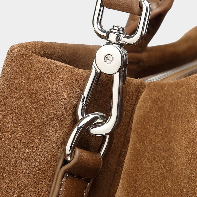 Women's Genuine Leather Suede Structured Lock Tote Bag