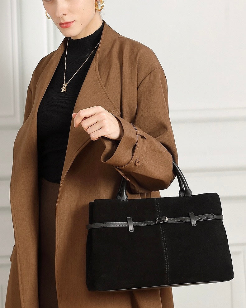 Women's Genuine Leather Suede Structured Lock Tote Bag