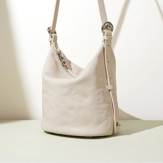 Women's Genuine Leather Soft Pleated Bucket Crossbody Bag