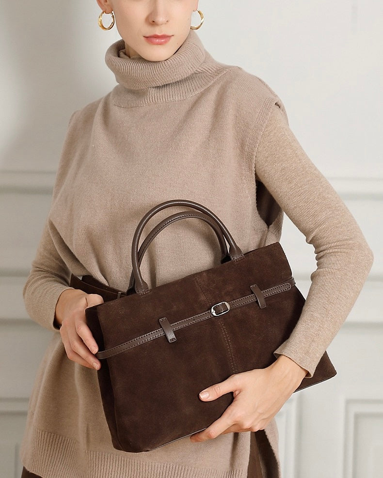 Women's Genuine Leather Suede Structured Lock Tote Bag