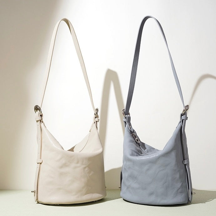 Women's Genuine Leather Soft Pleated Bucket Crossbody Bag