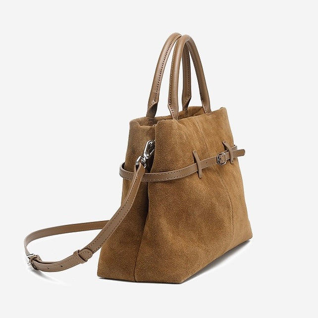 Women's Genuine Leather Suede Structured Lock Tote Bag