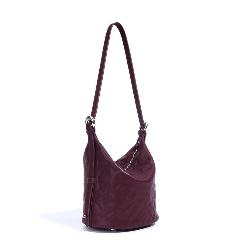 Women's Genuine Leather Soft Pleated Bucket Crossbody Bag