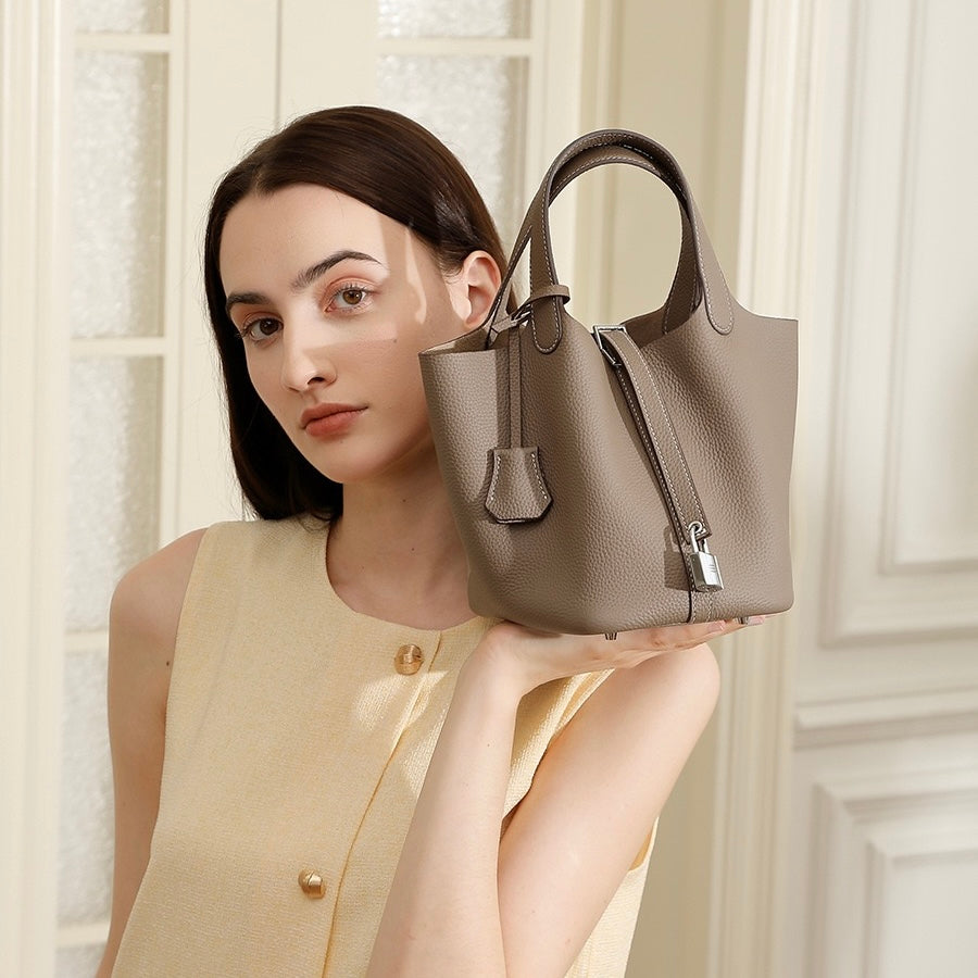Women's Genuine Leather Basket Top Handle Bag with Buckle Closure