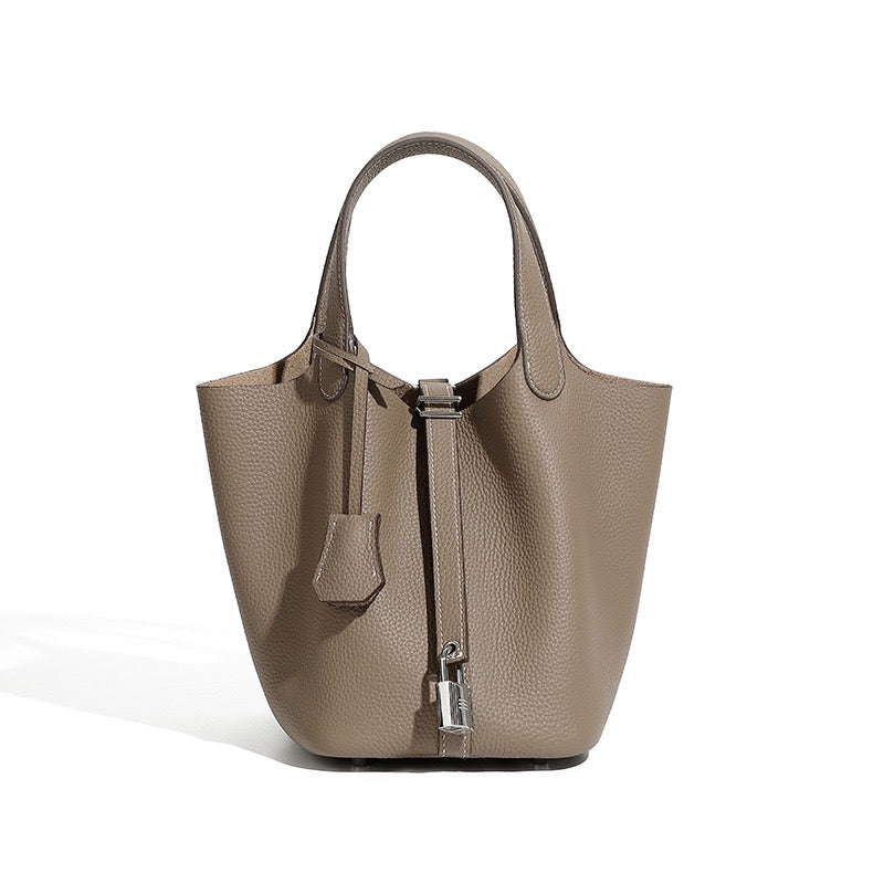 Women's Genuine Leather Basket Top Handle Bag with Buckle Closure