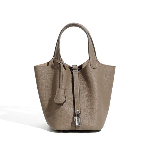 Women's Genuine Leather Basket Top Handle Bag with Buckle Closure