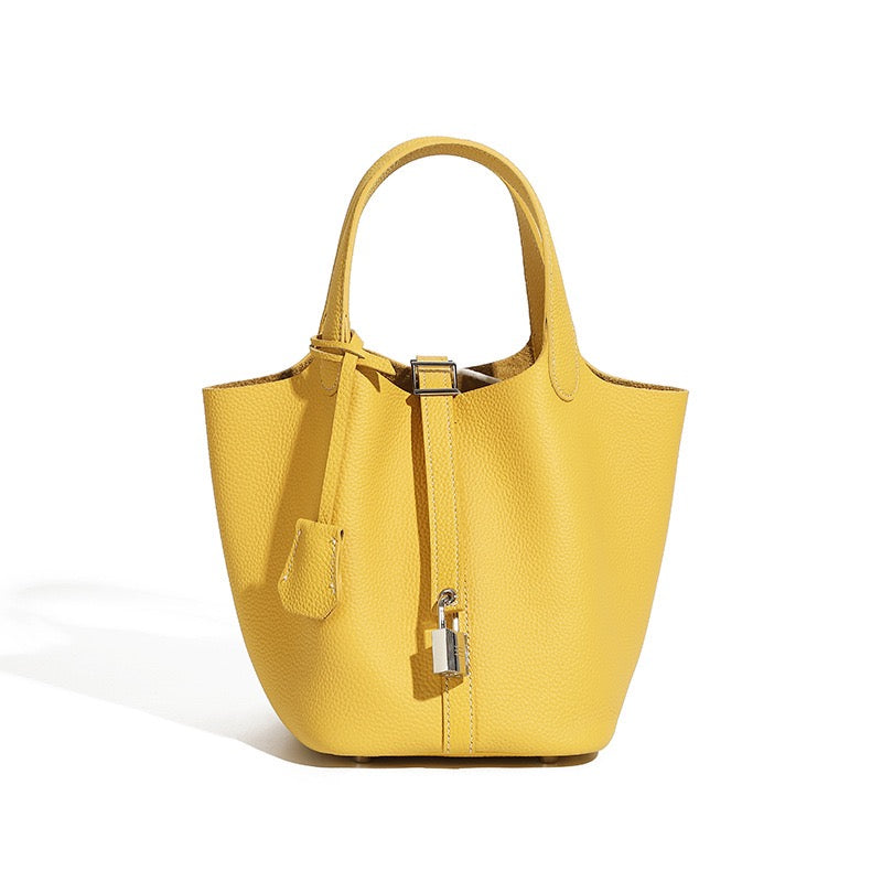 Women's Genuine Leather Basket Top Handle Bag with Buckle Closure