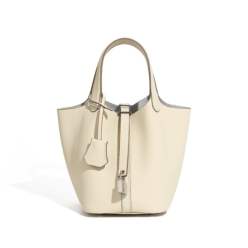 Women's Genuine Leather Basket Top Handle Bag with Buckle Closure