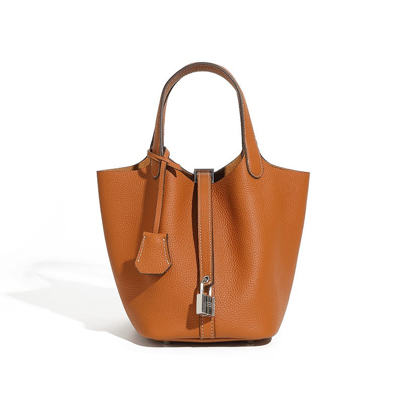 Women's Genuine Leather Basket Top Handle Bag with Buckle Closure
