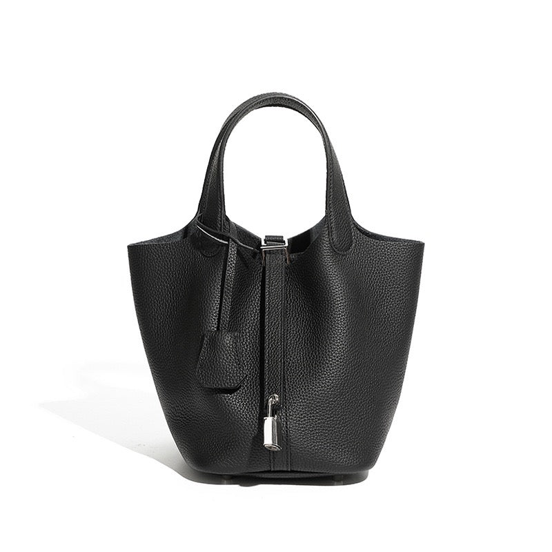 Women's Genuine Leather Basket Top Handle Bag with Buckle Closure