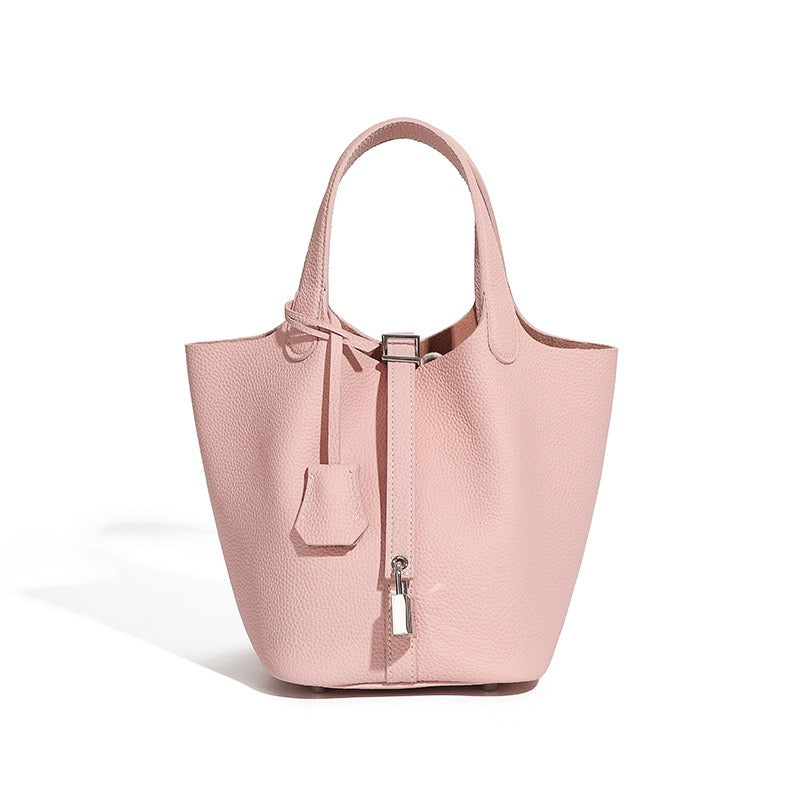 Women's Genuine Leather Basket Top Handle Bag with Buckle Closure