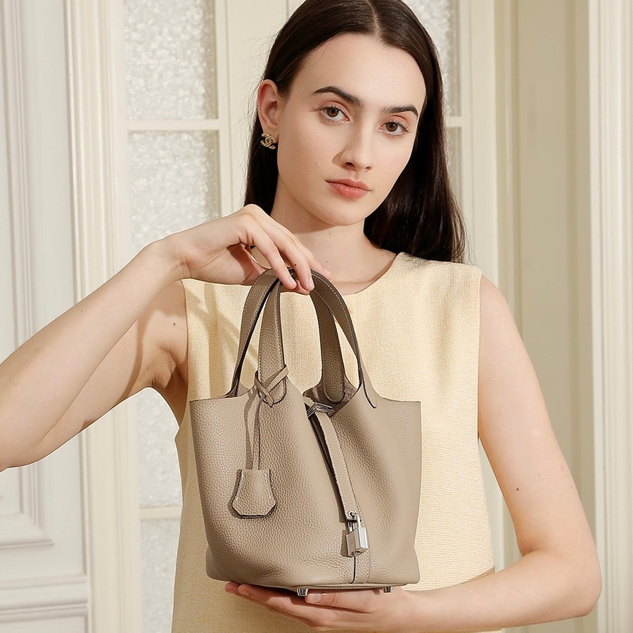 Women's Genuine Leather Basket Top Handle Bag with Buckle Closure
