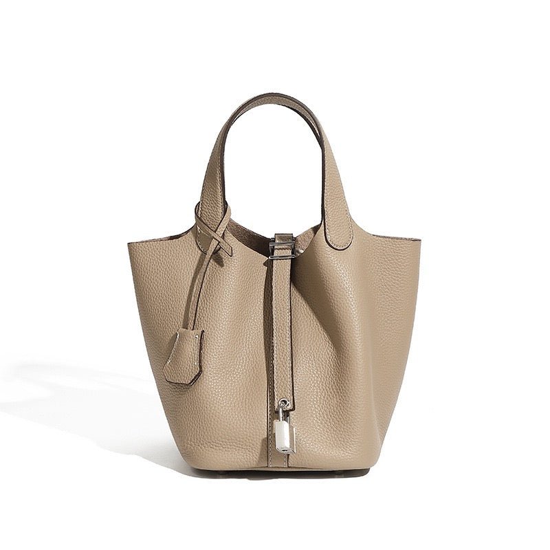 Women's Genuine Leather Basket Top Handle Bag with Buckle Closure