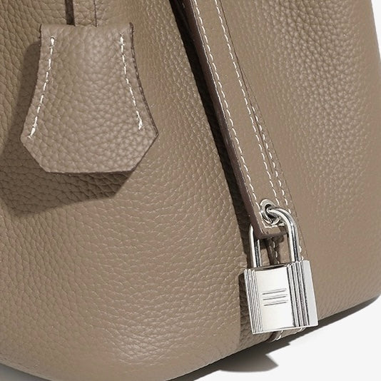 Women's Genuine Leather Basket Top Handle Bag with Buckle Closure