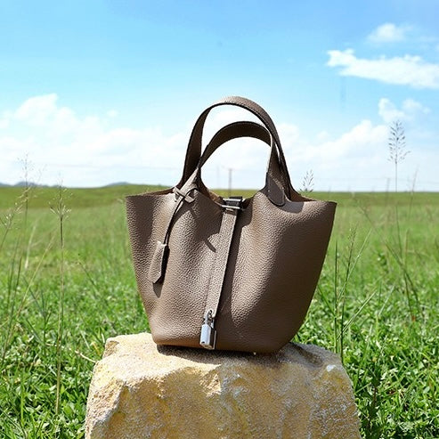 Women's Genuine Leather Basket Top Handle Bag with Buckle Closure