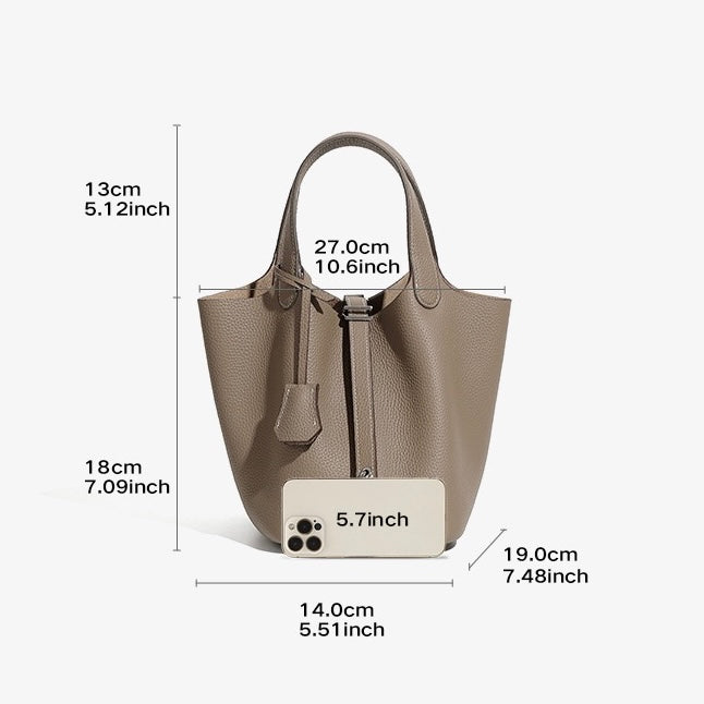 Women's Genuine Leather Basket Top Handle Bag with Buckle Closure