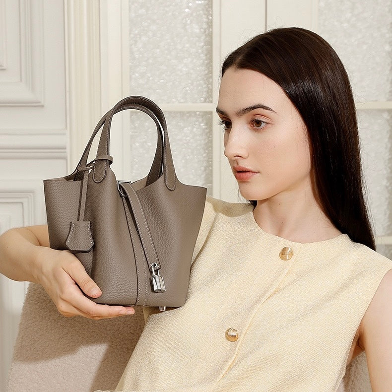 Women's Genuine Leather Basket Top Handle Bag with Buckle Closure