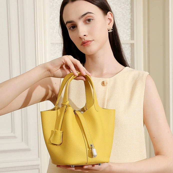 Women's Genuine Leather Basket Top Handle Bag with Buckle Closure