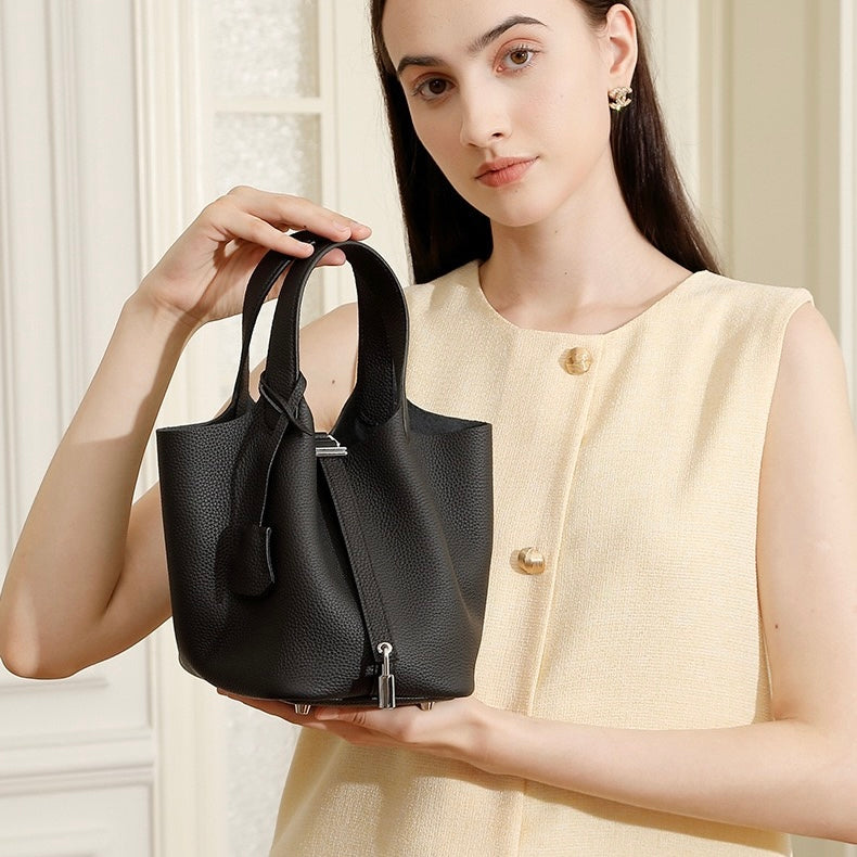 Women's Genuine Leather Basket Top Handle Bag with Buckle Closure