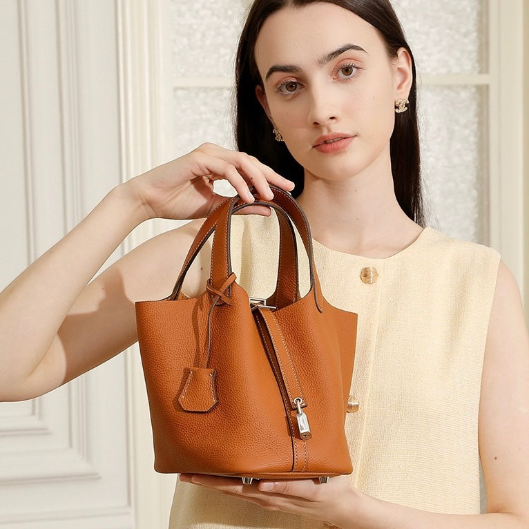 Women's Genuine Leather Basket Top Handle Bag with Buckle Closure