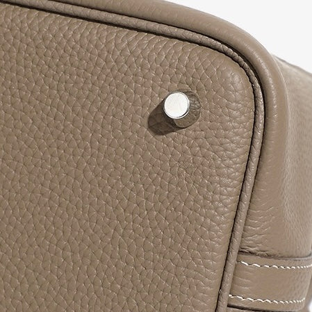 Women's Genuine Leather Basket Top Handle Bag with Buckle Closure