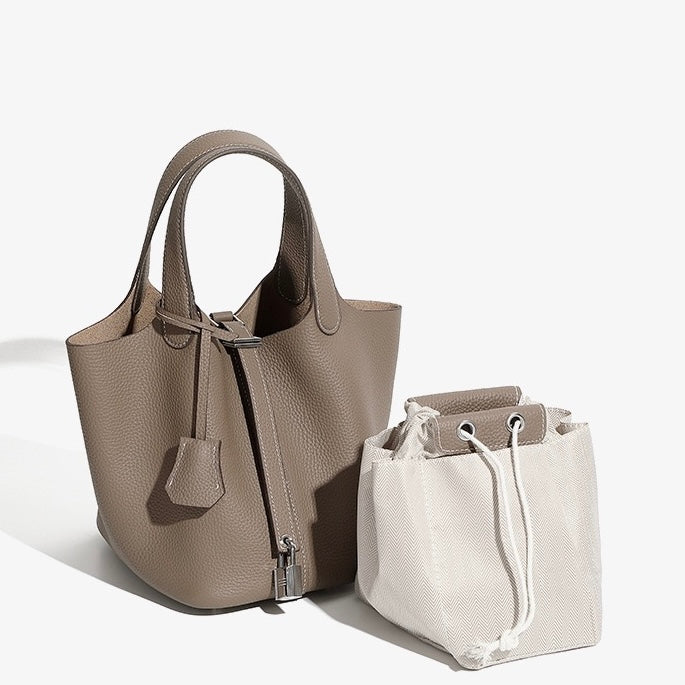 Women's Genuine Leather Basket Top Handle Bag with Buckle Closure