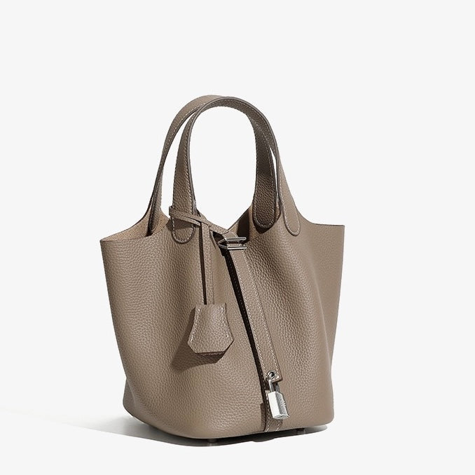Women's Genuine Leather Basket Top Handle Bag with Buckle Closure