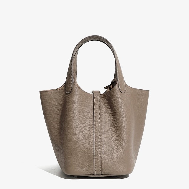 Women's Genuine Leather Basket Top Handle Bag with Buckle Closure