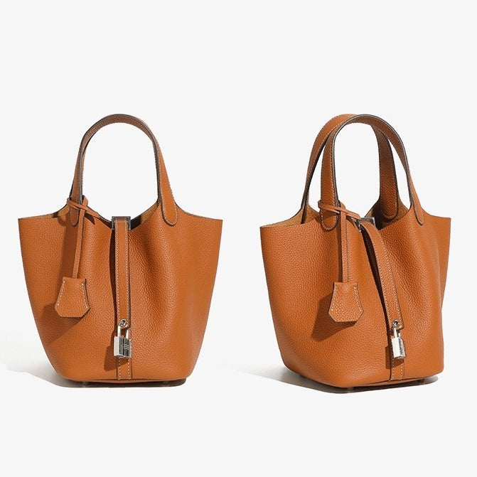 Women's Genuine Leather Basket Top Handle Bag with Buckle Closure