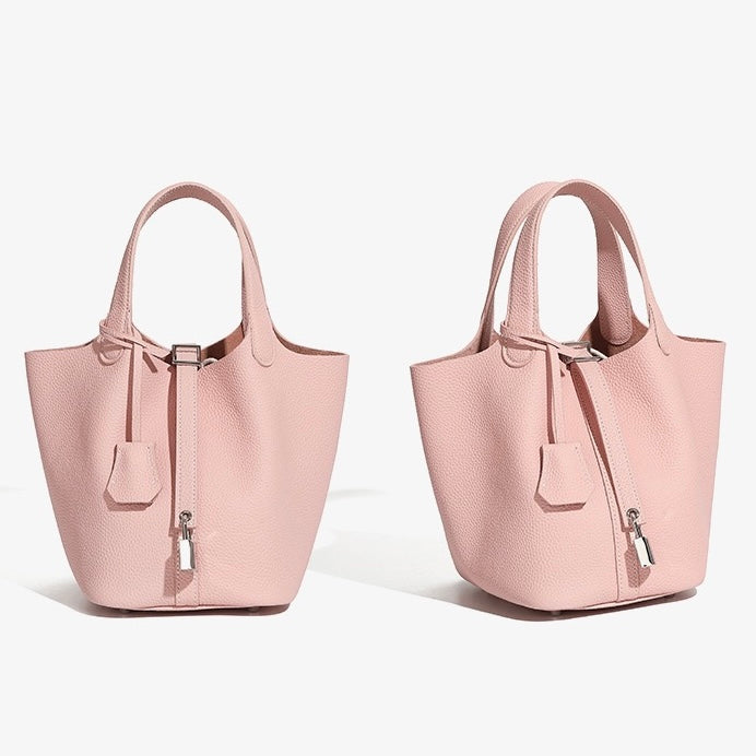 Women's Genuine Leather Basket Top Handle Bag with Buckle Closure