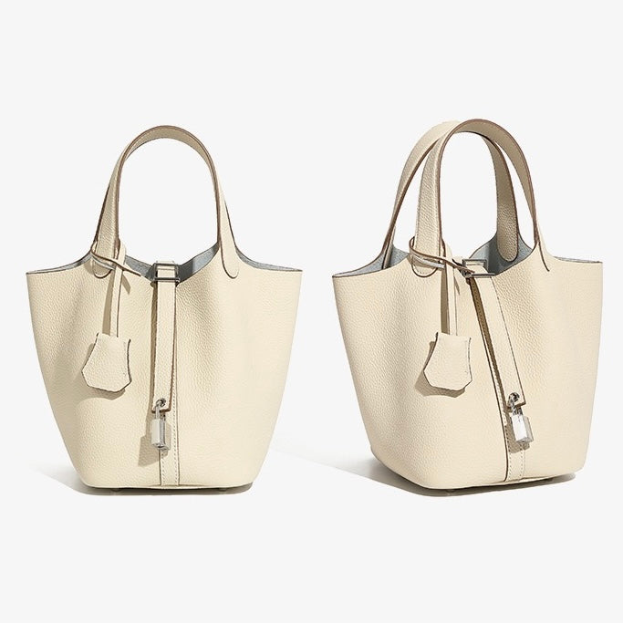 Women's Genuine Leather Basket Top Handle Bag with Buckle Closure