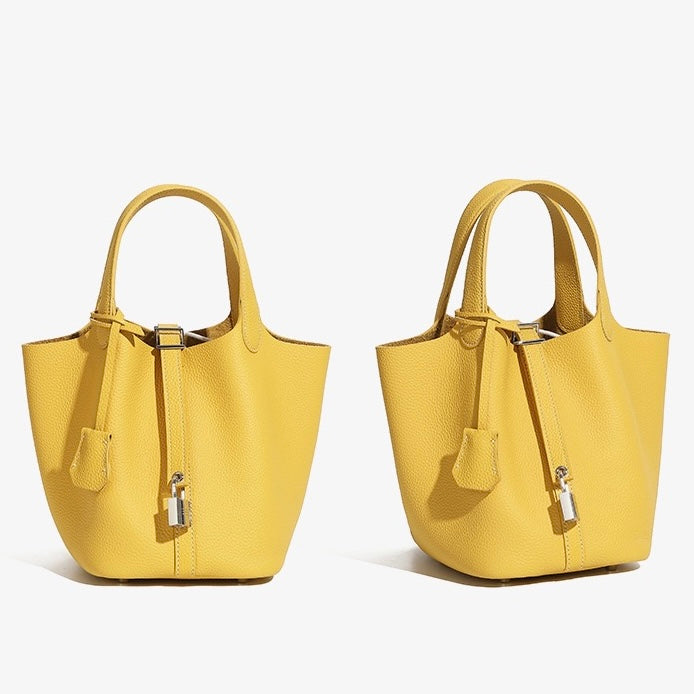 Women's Genuine Leather Basket Top Handle Bag with Buckle Closure