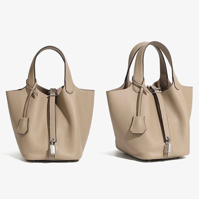 Women's Genuine Leather Basket Top Handle Bag with Buckle Closure