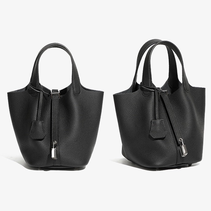 Women's Genuine Leather Basket Top Handle Bag with Buckle Closure