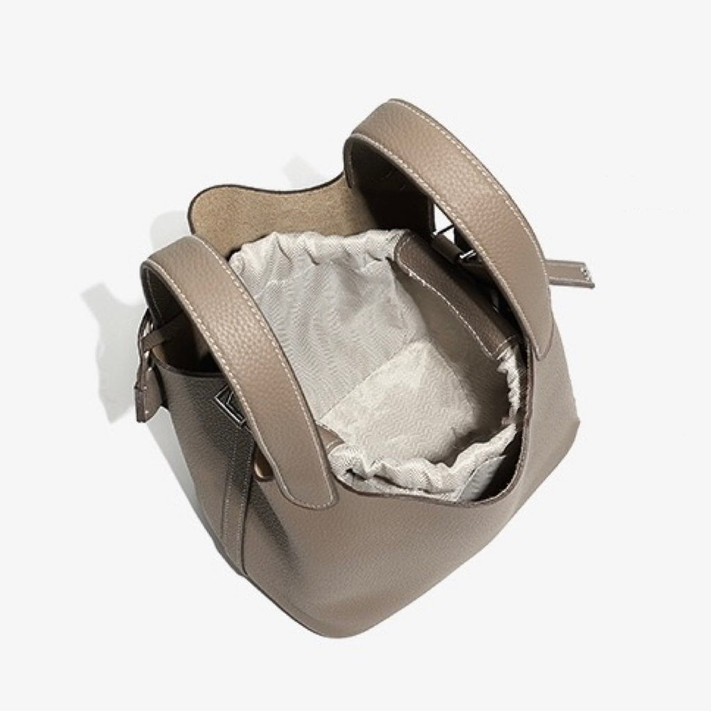 Women's Genuine Leather Basket Top Handle Bag with Buckle Closure