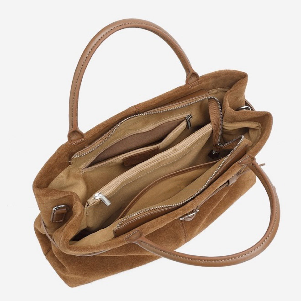 Women's Genuine Leather Suede Structured Lock Tote Bag